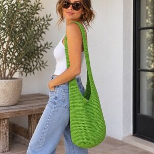 Sassy Green Woven Crochet Hobo Shoulder Bag Slouchy Boho Y2K